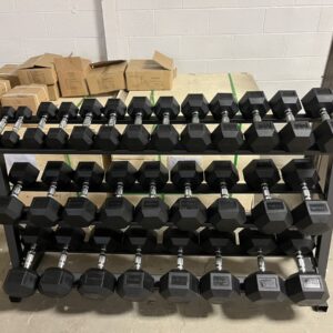 5-75 LB rubber hex dumbbell set with commercial storage rack