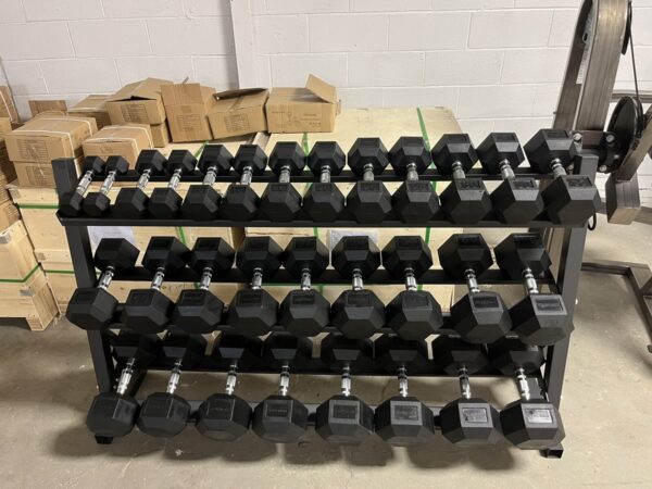 5-75 LB rubber hex dumbbell set with commercial storage rack