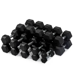 Rubber hex dumbbells with ergonomic handle and hexagonal heads for gym training