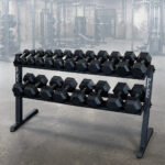 5-50 LB rubber hex dumbbell set with storage rack