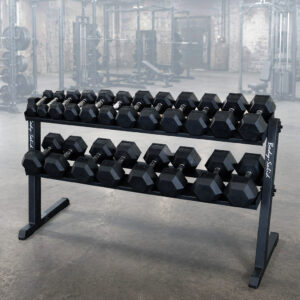 5-50 LB rubber hex dumbbell set with storage rack