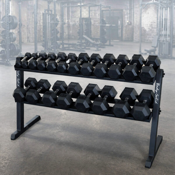 5-50 LB rubber hex dumbbell set with storage rack