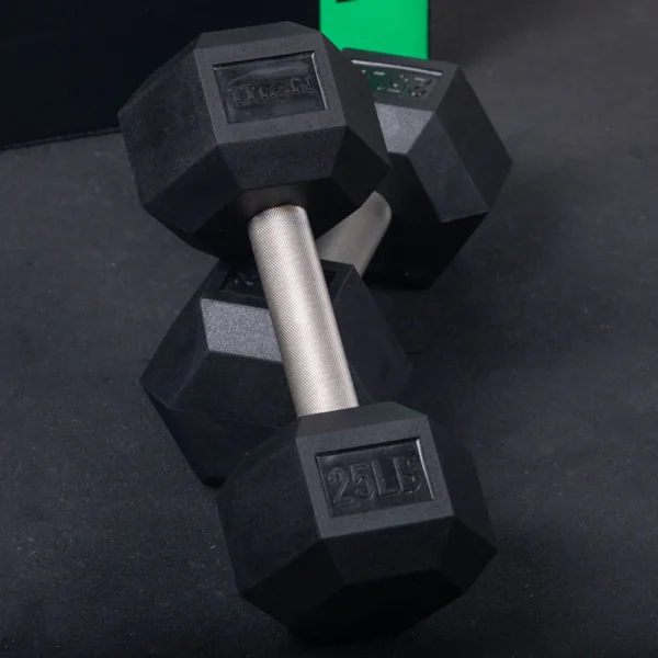 25 LB rubber hex dumbbell textured handle and durable rubber coating