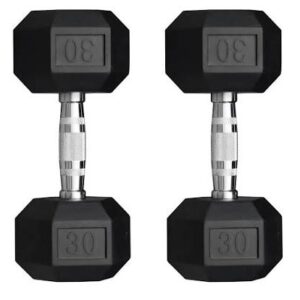 30 LB rubber hex dumbbell textured handle and rubber coated design