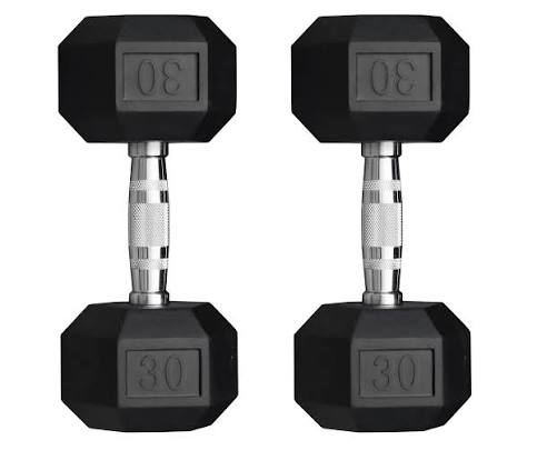 30 LB rubber hex dumbbell textured handle and rubber coated design