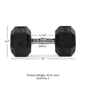 40 LB rubber hex dumbbell textured handle and rubber coated design