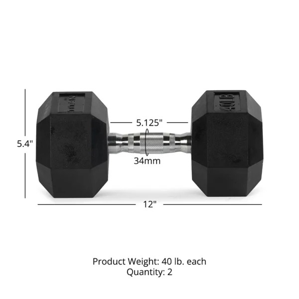 40 LB rubber hex dumbbell textured handle and rubber coated design
