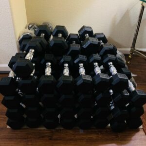 40 LB rubber hex dumbbells with hexagonal heads for strength training