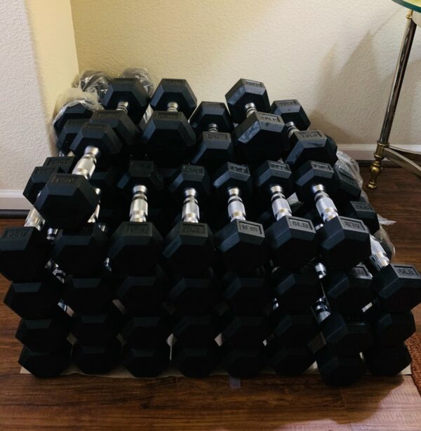 40 LB rubber hex dumbbells with hexagonal heads for strength training