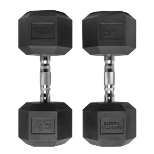 45 LB rubber hex dumbbell textured handle and rubber coated design