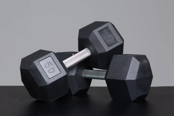 50 LB rubber hex dumbbell textured handle and rubber coated design