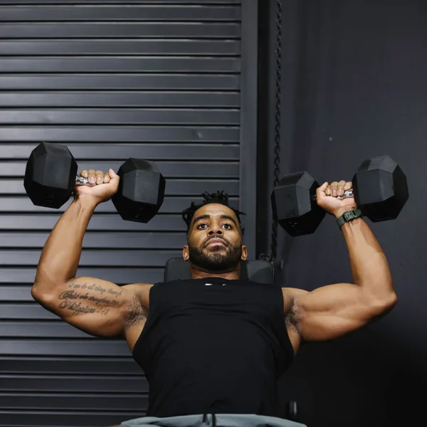 60 LB rubber hex dumbbell with textured handle and rubber coating