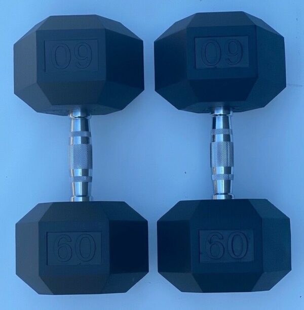60 LB rubber hex dumbbells with hexagonal heads for strength training